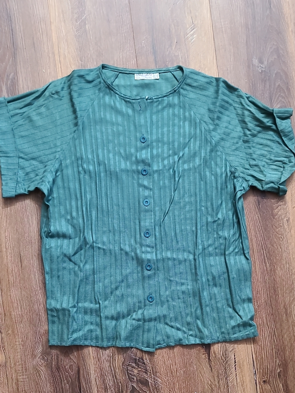 Green Button-Front Striped Short Sleeve Top